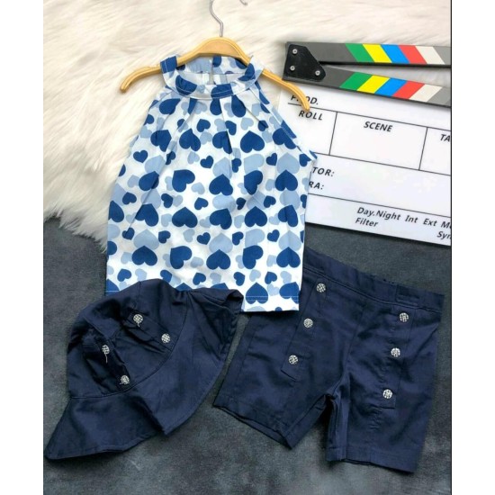 Детски летен комплект в тъмносиньо с шапка Сърца