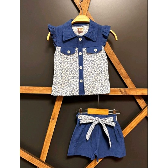 Детски летен комплект в синьо с къси панталонки ДЕЙЗИ Детски летен комплект в синьо с къси панталонки ДЕЙЗИ