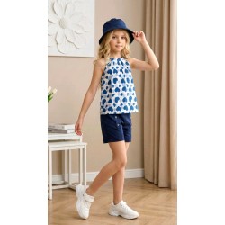 Детски летен комплект в тъмносиньо с шапка Сърца