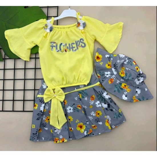 Детски летен комплект в жълто и сиво с пола и шапка FLOWERS