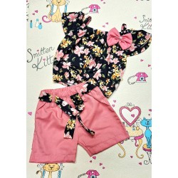 Красив летен комплект в розово и черно с къси панталони ЦВЕТЯ
