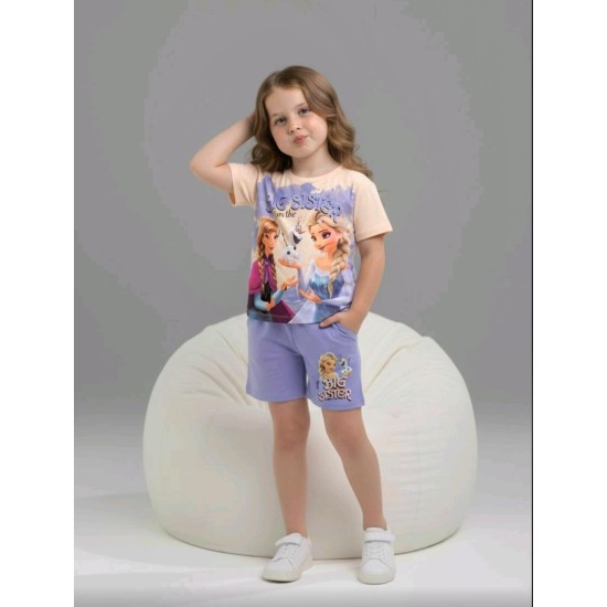 Детски летен комплект в екрю и лилаво с ЕЛЗА,АНА И ОЛАФ