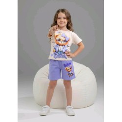 Детски летен комплект в лилаво и екрю със сладко мече