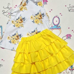 Летен детски комплект от пола и блуза в бяло и жълто с рози