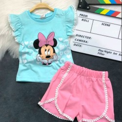 Детски летен комплект със синя блуза и розови къси панталони с Мини Маус