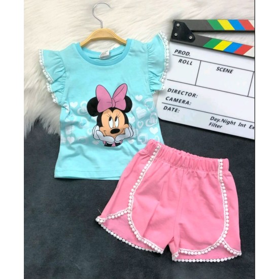 Детски летен комплект със синя блуза и розови къси панталони с Мини Маус