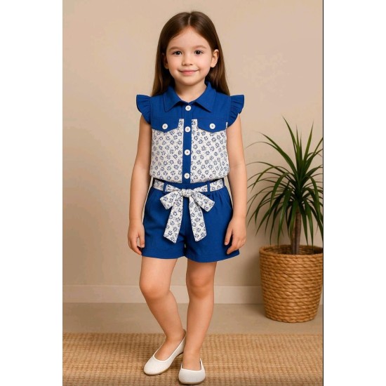Детски летен комплект в синьо с къси панталонки ДЕЙЗИ Детски летен комплект в синьо с къси панталонки ДЕЙЗИ