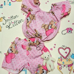 Детски летен комплект в розово на сърца с играчка Мече