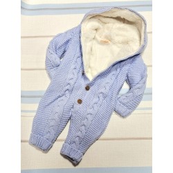 Пухкав плетен космонавт/гащеризон в светло синьо с качулка