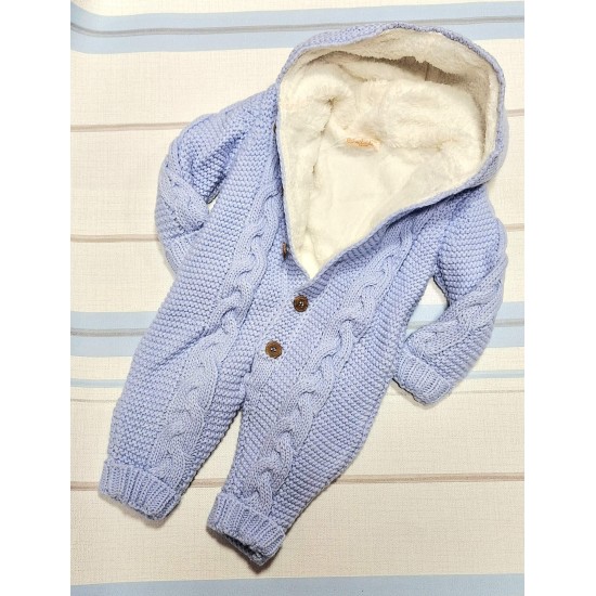 Пухкав плетен космонавт/гащеризон в светло синьо с качулка