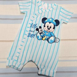 Бебешки летен гащеризон в бяло и синьо райе с Мики Маус Бебешки летен гащеризон в бяло и синьо райе с Мики Маус