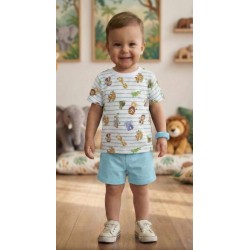 Детски летен комплект в бяло и синьо с Диви Животни