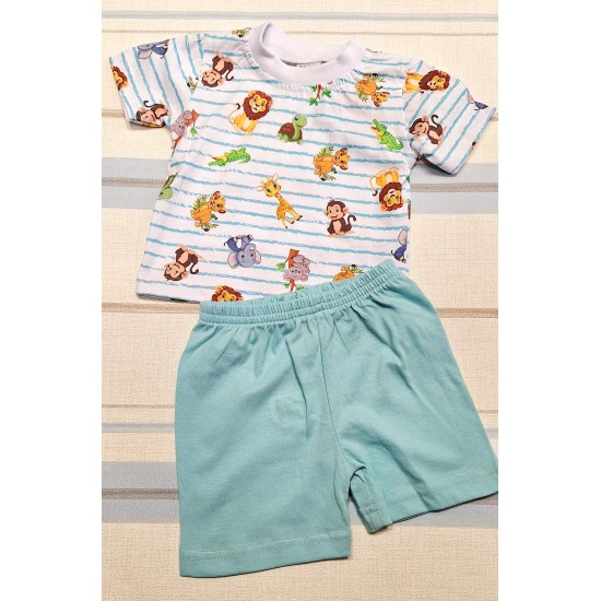 Детски летен комплект в бяло и синьо с Диви Животни