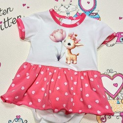 Бебешка лятна боди рокля в бяло и корал със сърчица ЖИРАФЧЕ Бебешка лятна боди рокля в бяло и корал със сърчица ЖИРАФЧЕ