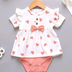 Бебешка лятна боди рокля в бяло и светло розово СЪРЧИЦА