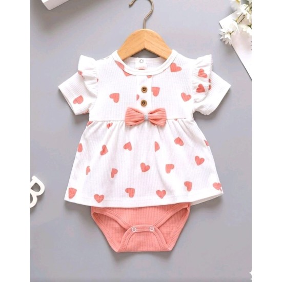 Бебешка лятна боди рокля в бяло и светло розово СЪРЧИЦА