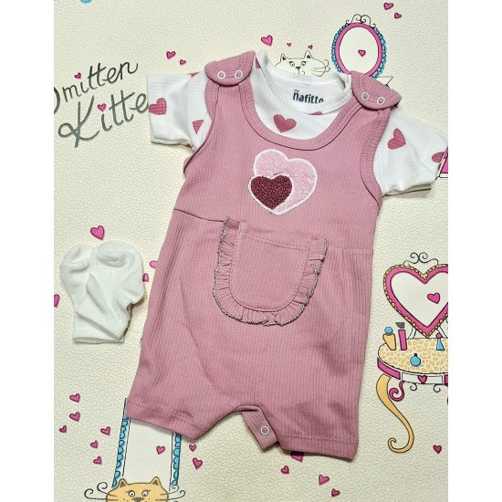 Летен бебешки гащеризон с боди и чорапки в розово СЪРЧИЦА