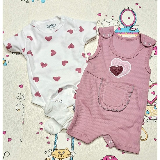 Летен бебешки гащеризон с боди и чорапки в розово СЪРЧИЦА