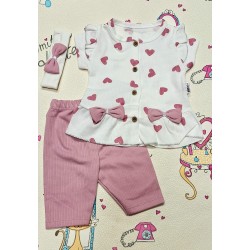 Бебешки летен комплект с блуза и къс розов клин с лента за коса СЪРЧИЦА