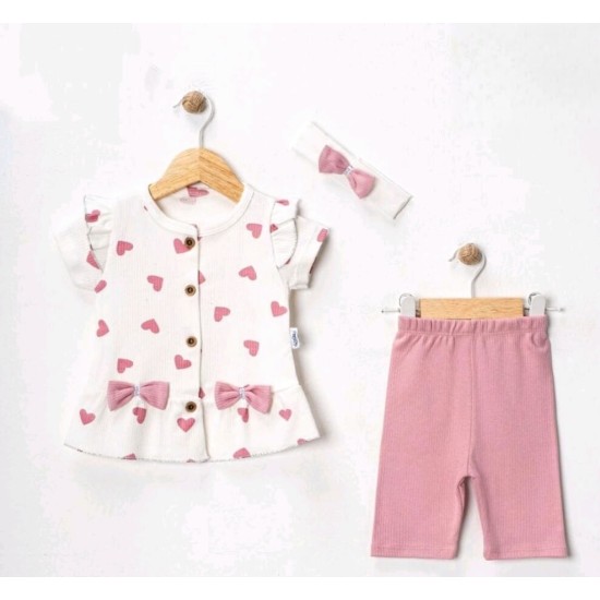 Бебешки летен комплект с блуза и къс розов клин с лента за коса СЪРЧИЦА