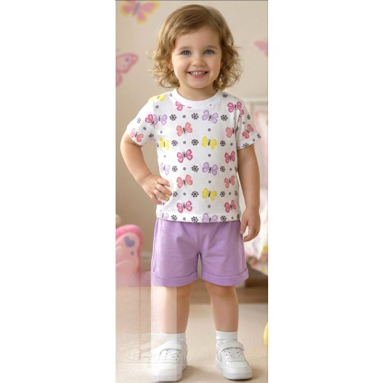 Детски летен комплект в бяло и лилаво с ПЕПЕРУДИ
