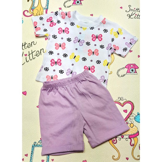 Детски летен комплект в бяло и лилаво с ПЕПЕРУДИ