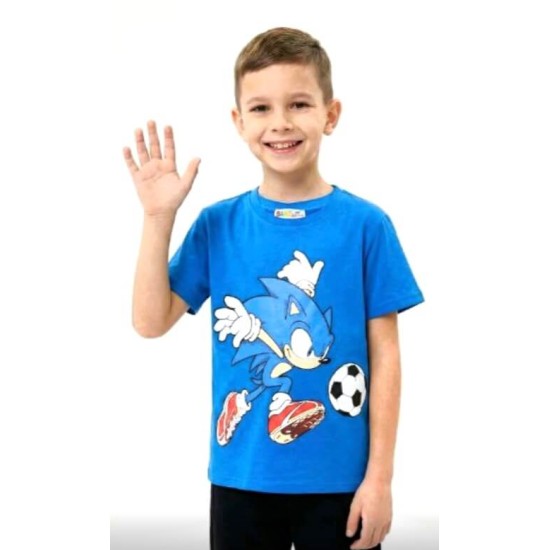 Детска лятна тениска в синьо със СОНИК ФУТБОЛИСТ