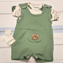 Бебешки летен гащеризон с боди и чорапки в зелено МЕЧЕТА