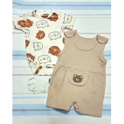 Бебешки летен гащеризон с боди и чорапки в бежово с МЕЧЕТА