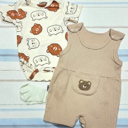 Бебешки летен гащеризон с боди и чорапки в бежово с МЕЧЕТА Бебешки летен гащеризон с боди и чорапки в бежово с МЕЧЕТА