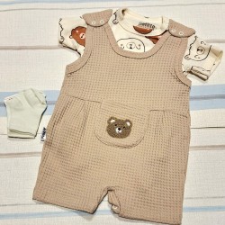 Бебешки летен гащеризон с боди и чорапки в бежово с МЕЧЕТА
