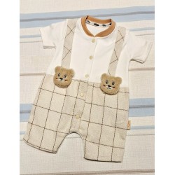 Летен бебешки гащеризон в бежово и бяло с МЕЧЕТА