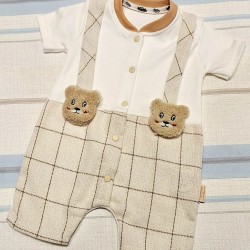 Летен бебешки гащеризон в бежово и бяло с МЕЧЕТА