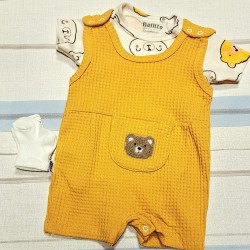 Бебешки летен гащеризон с боди и чорапки в жълто с МЕЧЕТА