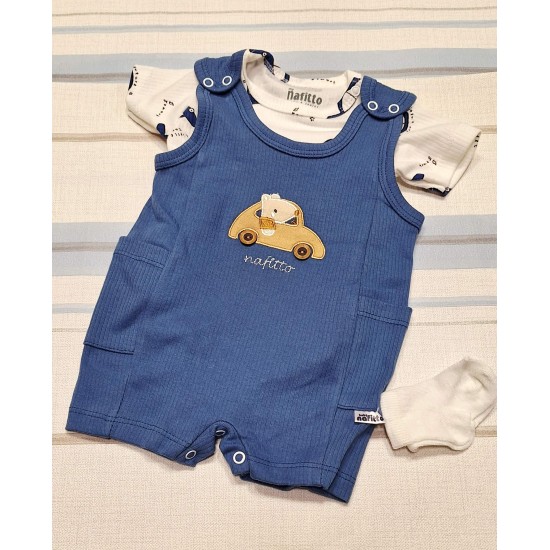 Летен бебешки гащеризон с боди и чорапки в синьо с КОЛА