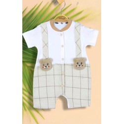 Летен бебешки гащеризон в бежово и бяло с МЕЧЕТА
