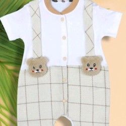 Летен бебешки гащеризон в бежово и бяло с МЕЧЕТА