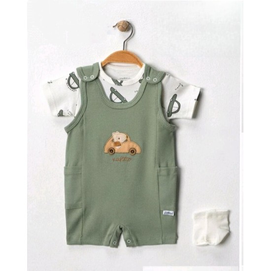 Летен бебешки гащеризон с боди и чорапки в зелено с КОЛА