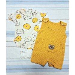 Бебешки летен гащеризон с боди и чорапки в жълто с МЕЧЕТА
