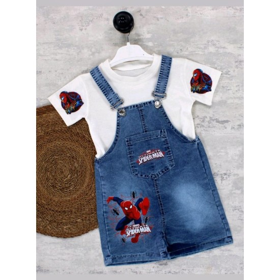 Детски летен дънков гащеризон с бяла тениска СПАЙДЪРМЕН Детски летен дънков гащеризон с бяла тениска СПАЙДЪРМЕН