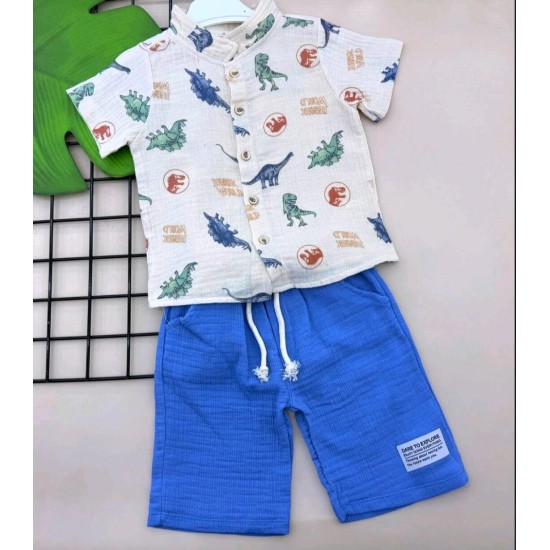 Детски летен комплект с риза в синьо с ДИНОЗАВРИ