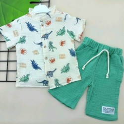 Детски летен комплект с риза в зелено ДИНОЗАВРИ