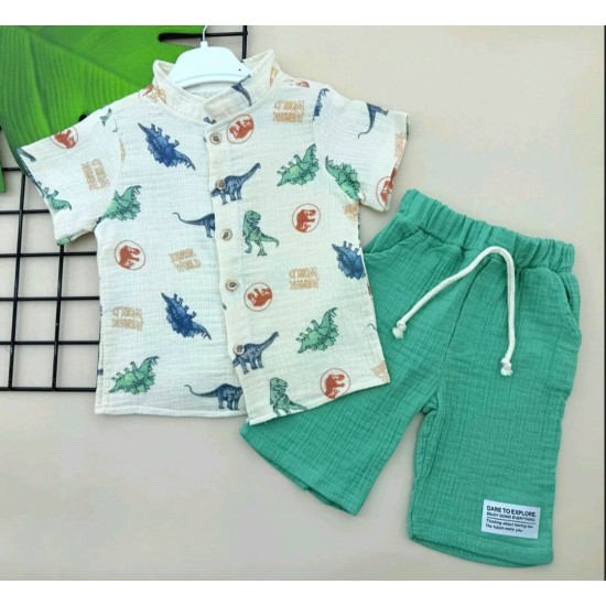 Детски летен комплект с риза в зелено ДИНОЗАВРИ