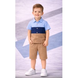 Детски летен комплект с риза в синьо и кафяво