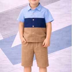 Детски летен комплект с риза в синьо и кафяво