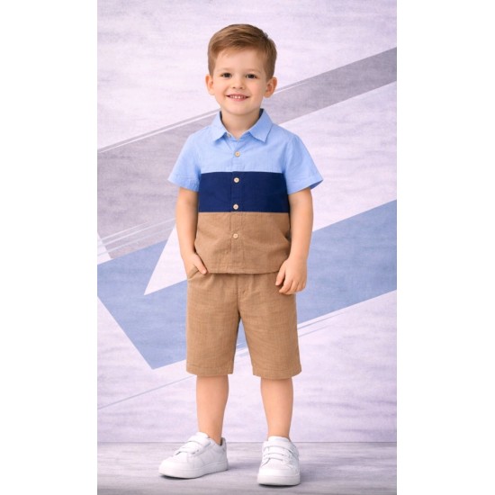Детски летен комплект с риза в синьо и кафяво