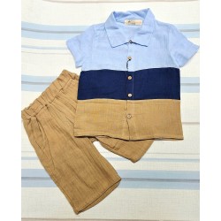 Детски летен комплект с риза в синьо и кафяво