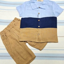 Детски летен комплект с риза в синьо и кафяво Детски летен комплект с риза в синьо и кафяво