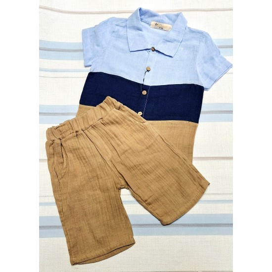 Детски летен комплект с риза в синьо и кафяво