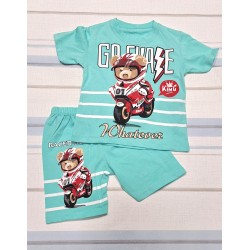 Детски летен комплект в светло зелено/синьо с МЕЧО МОТОРИСТ